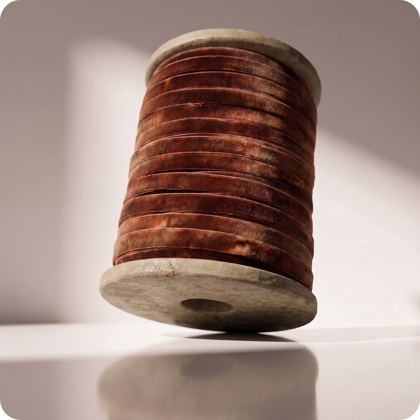 Liston de terciopelo sobre carrete de madera marrón chocolate