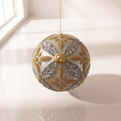 Esfera floral de cristal con esterilla antigua plateada con purpurina de vidrio dorada y cuentas