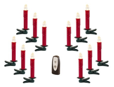 SET DE 12 VELAS DE LUZ LED ROJAS PARA ARBOL CON ADAPTADOR PILA AAA  CON TIMER AUTOMATICO DE 6 HORAS CON CONTROL 16.5 CM