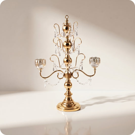 Candelabro chapado en níquel con cristal dorado largo