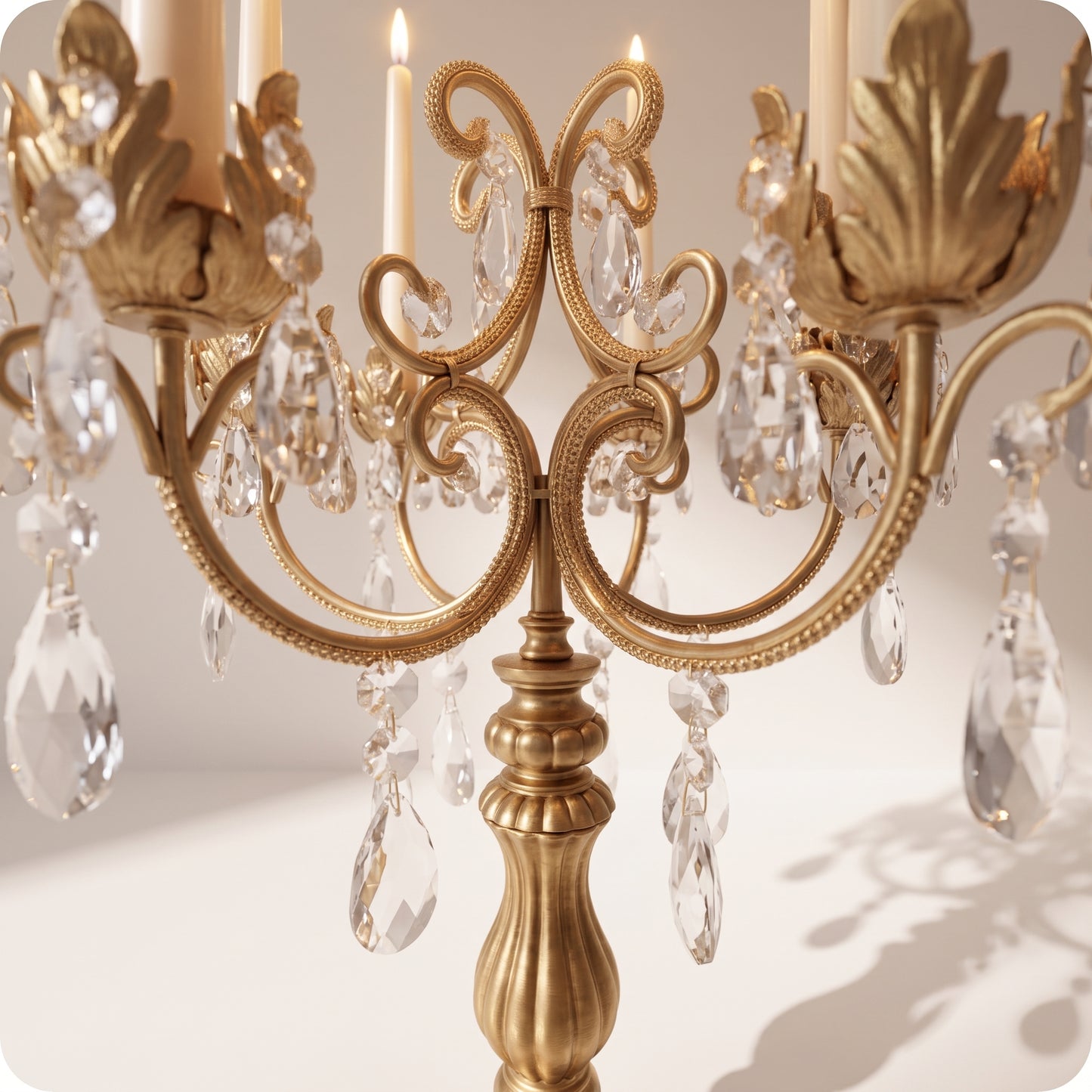 Candelabro chapado en níquel con cristal alto y porta velas dorado