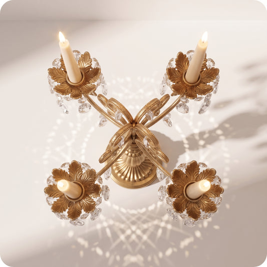 Candelabro chapado en níquel con cristal alto y porta velas dorado