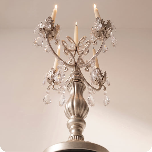 Candelabro chapado en níquel con cristal alto y porta velas plateado