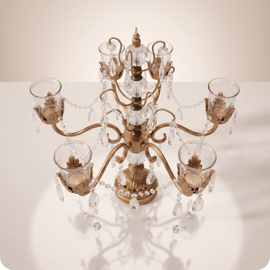 Candelabro chapado en níquel con vasos porta velas de cristal dorado