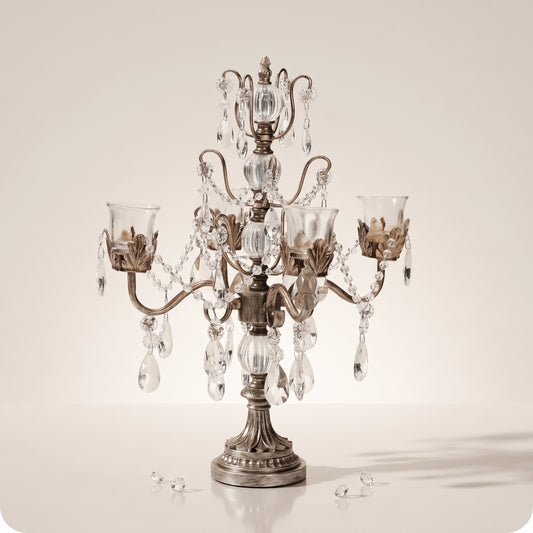 Candelabro chapado en níquel con vasos porta velas de cristal plateado