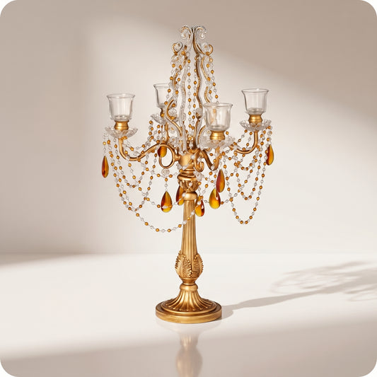 Candelabro chapado en níquel con cuentas amarillas de cristal dorado