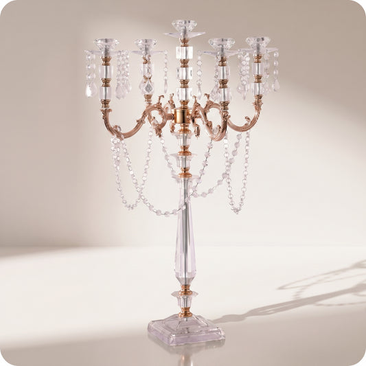 Candelabro chapado en níquel de cristal y porta velas altas dorado