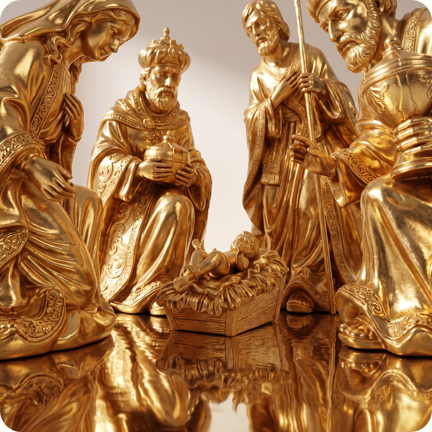 Nacimiento sagrada familia y reyes magos dorados