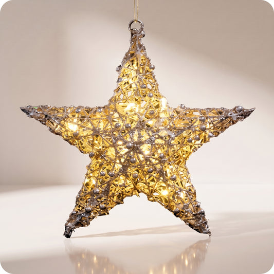 Estrella metalica de red con luz led calida