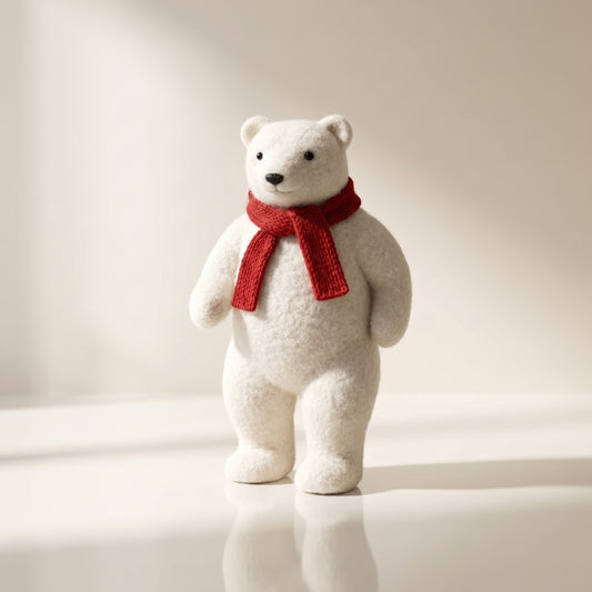 Elegante oso polar blanco con bufanda roja caminando 1