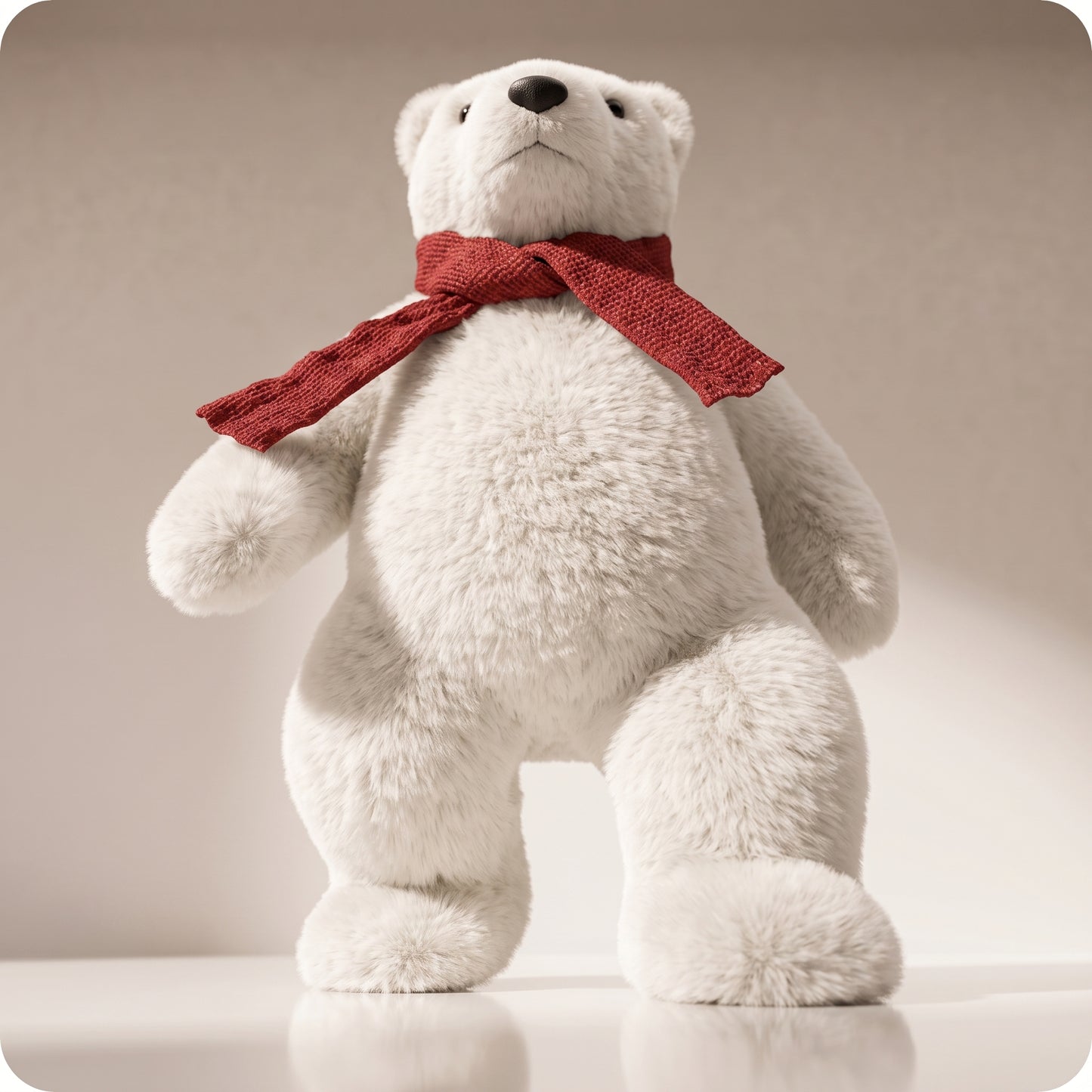 Elegante oso polar blanco con bufanda roja caminando 2