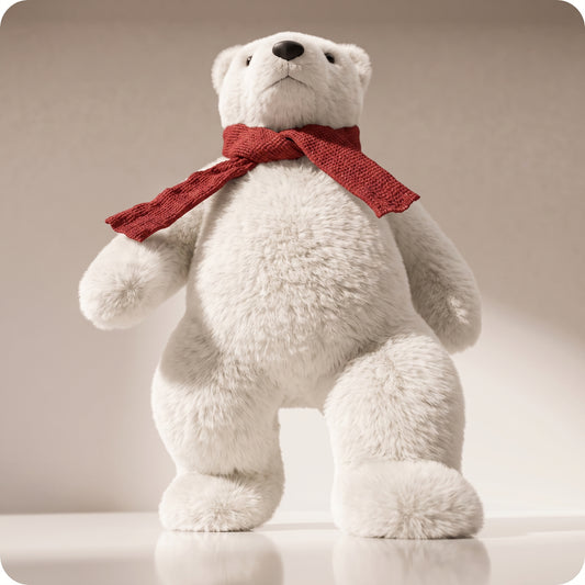 Elegante oso polar blanco con bufanda roja caminando 2