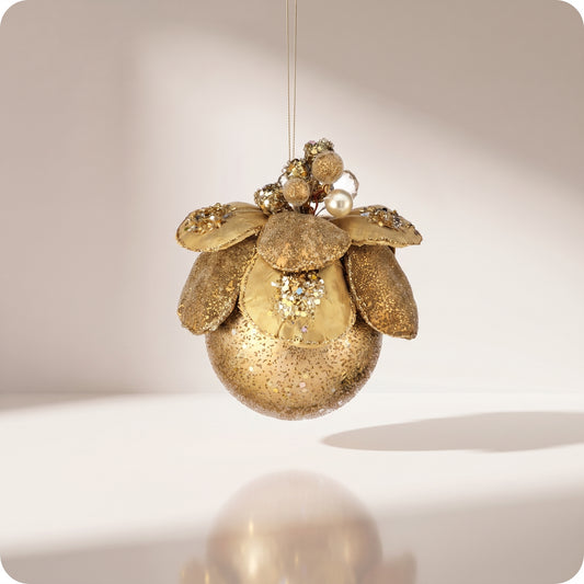 Esfera velvet con joyas y flor de magnolia dorada 11 cm