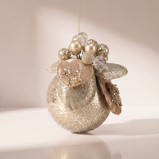 Esfera velvet con joyas y flor de magnolia nude con plata 11 cm