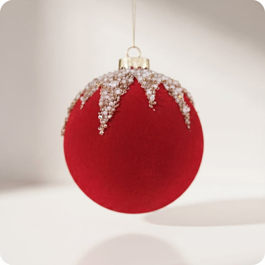 Esfera de terciopelo rojo con perlas arriba 13 cm