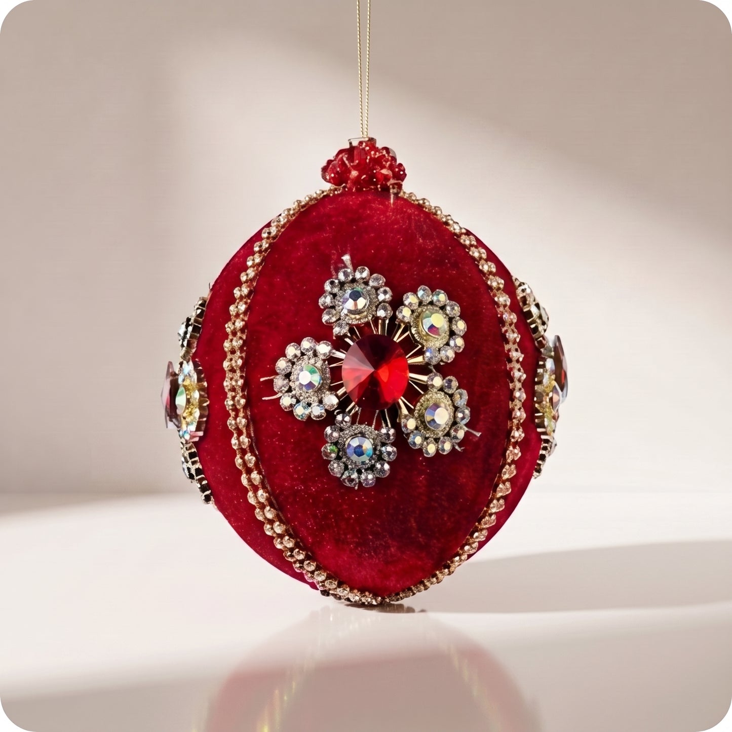 Esfera roja con flor de diamante terciopelo rojo arreglo oro