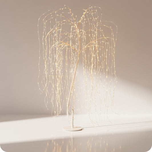 Árbol tipo sauce con luz LED blanca y base de metal